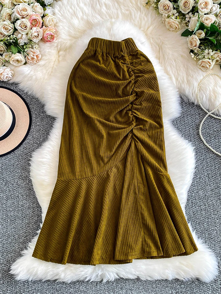 Women Midi Skirt High-end Feeling Corduroy Pleated High Waist Slim Fish Tail Mermaid Mid Length Skirt A-line Faldas Female SK068