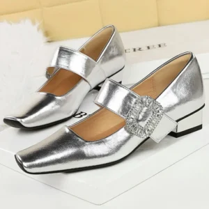BIGTREE Shoes 3 CM Low heeled women's shoes Rhinestone buckle Women pumps thick with Square head Women Heels Luxury banquet shoe