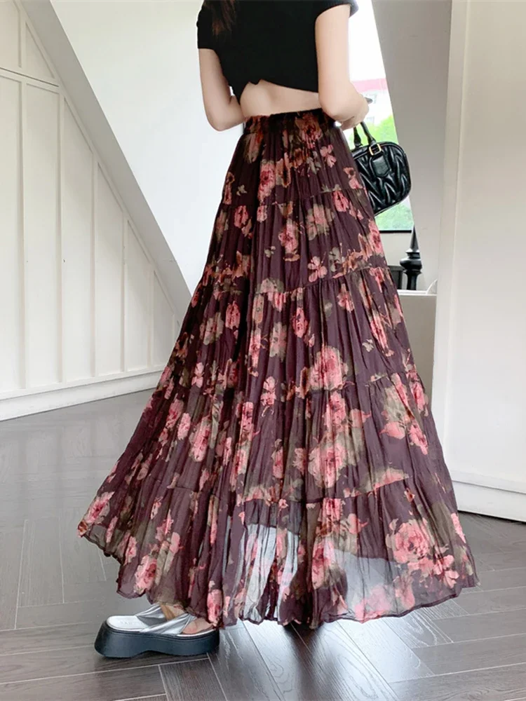 New Bohemian Vacation Pleated Floral Midi Skirt with Women's Temperament Printed High Waisted A-line Long Skirt A272