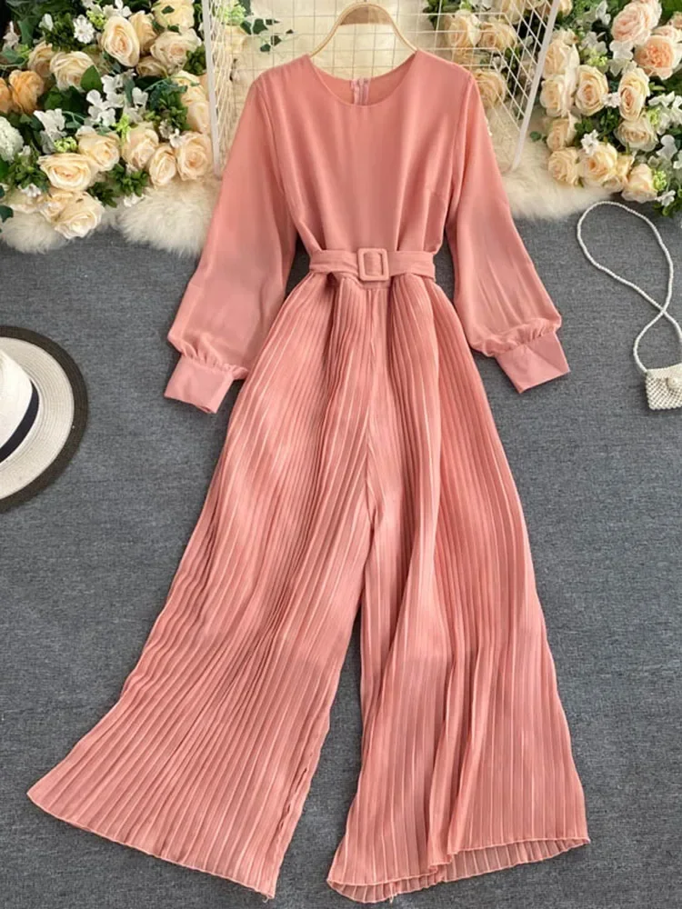 Women's Spring Autumn Jumpsuit New Solid Color Round Neck Long-sleeved Pleated Wide-leg Pants Lace Up Thin Jumpsuit LL061 - Image 3