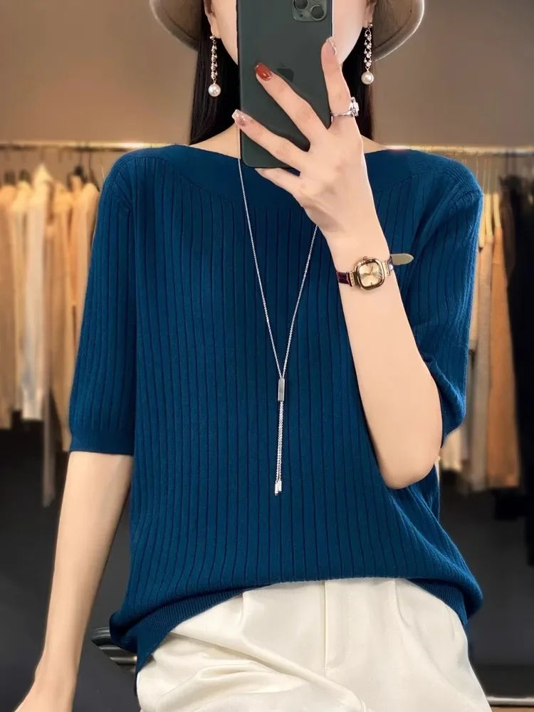 Women Sweater Spring Autumn Warm Bottiming Shirts Korean Fashion Slash Neck Half Sleeve Pullovers Slim Fit Casual Warm Knitwears - Image 2