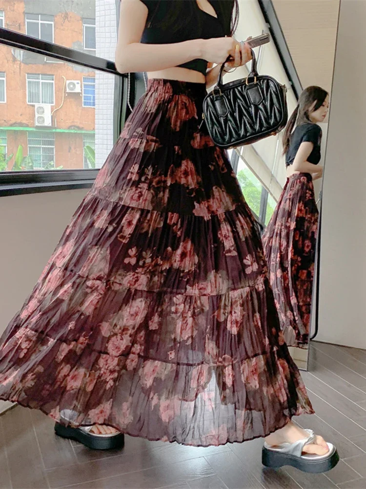 New Bohemian Vacation Pleated Floral Midi Skirt with Women's Temperament Printed High Waisted A-line Long Skirt A272 - Image 3
