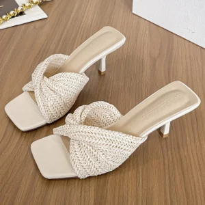 Fashion Women's Sandals Mule Heels Square toe high-heeled sandals Woman Summer Shoes Weaving Design High Heels Stiletto 6.5 CM
