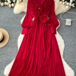 Spring Autumn Fashion 3D Floral Dress for Women New Fashion V-neck Lantern Sleeve Waist Birthday Party Big Pendant Dress C229