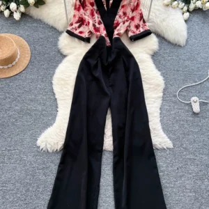Summer Women's Short Sleeved Office Lady Casual Jumpsuit Fashionable Elegant Printed Patchwork Wide Leg Straight Leg Pants C311