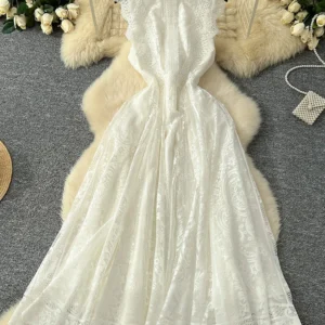 Summer Women's Sleeveless Lace Mesh Dress with French Retro Temperament White Black Beach Vacation Big Swing Long Dress C249