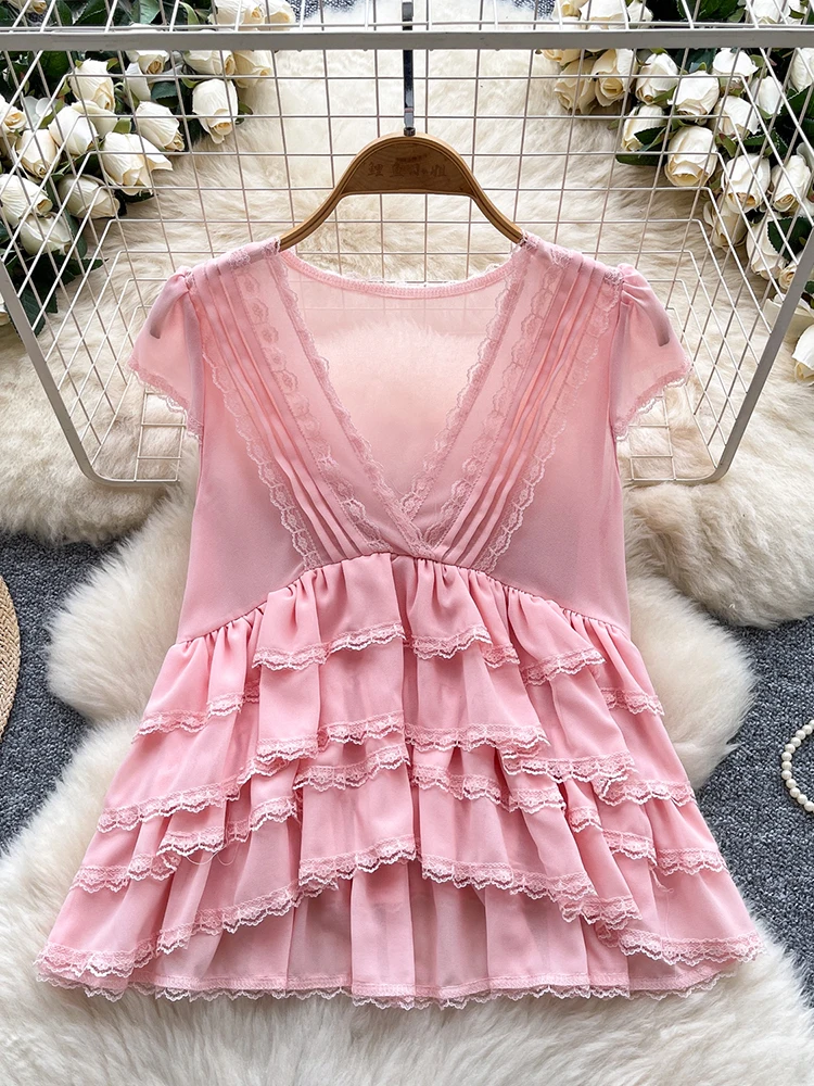 Summer Outfit New Women's V-neck Lace Patchwork Chiffon Top Fashionable Sexy Elegant Ruffle Edge Blouse H03