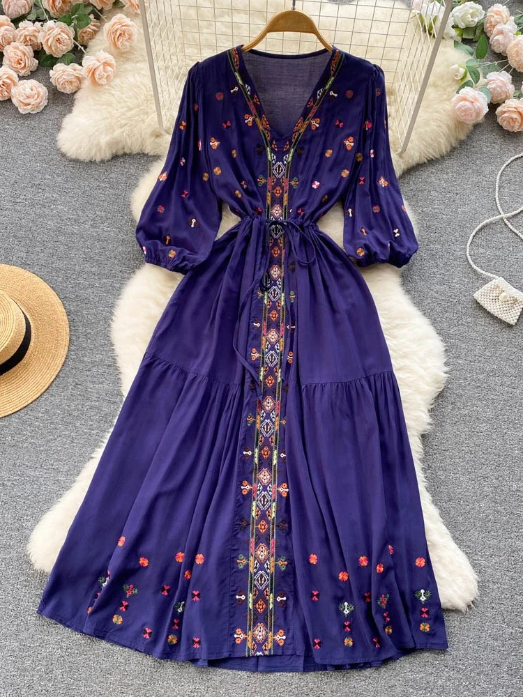 Spring Summer Bohemian Dress Retro Ethnic Style Embroidery V-neck Waist A-line Seaside Holiday Swing Long Vestidos Dress G12 - Image 4