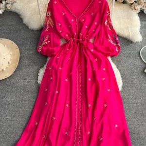 Women Spring Summer Dress Vintage Ethnic Storm Semitic Beach Vacation V-neck Embroidered Waist Slim Mid Length Dress D4107