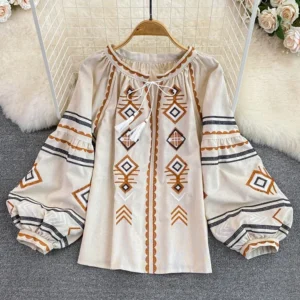 New Women Spring Autumn Blous Retro Loose Ethnic Style Embroidery Thin Lantern Sleeve Doll Top Female Pullover Shirt D3061