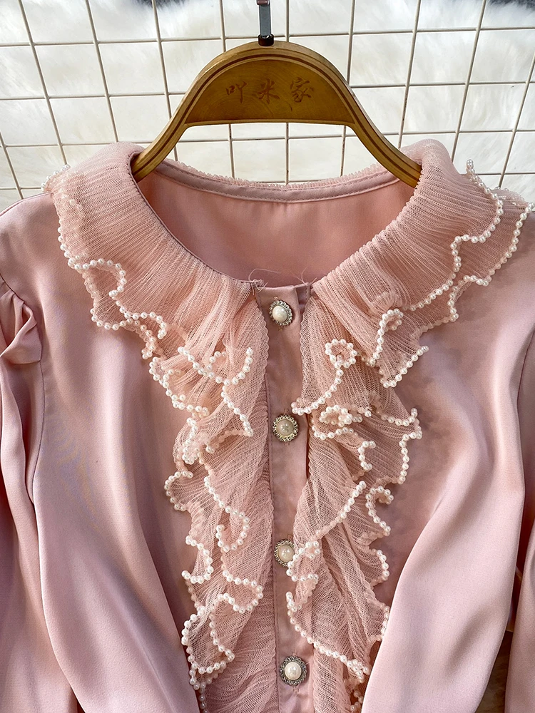 Women Blouse French Palace Heavy Industry Mesh Splicing Beading Ruffles Collar Trumpet Sleeve Shirt Retro Satin Top Female BL232 - Image 3