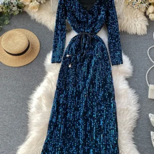 Women's Party Dress Long-sleeved Dress New Sequin Temperament Banquet Host Elegant V-neck Waist Lacing Dress Sexy Dress Y454