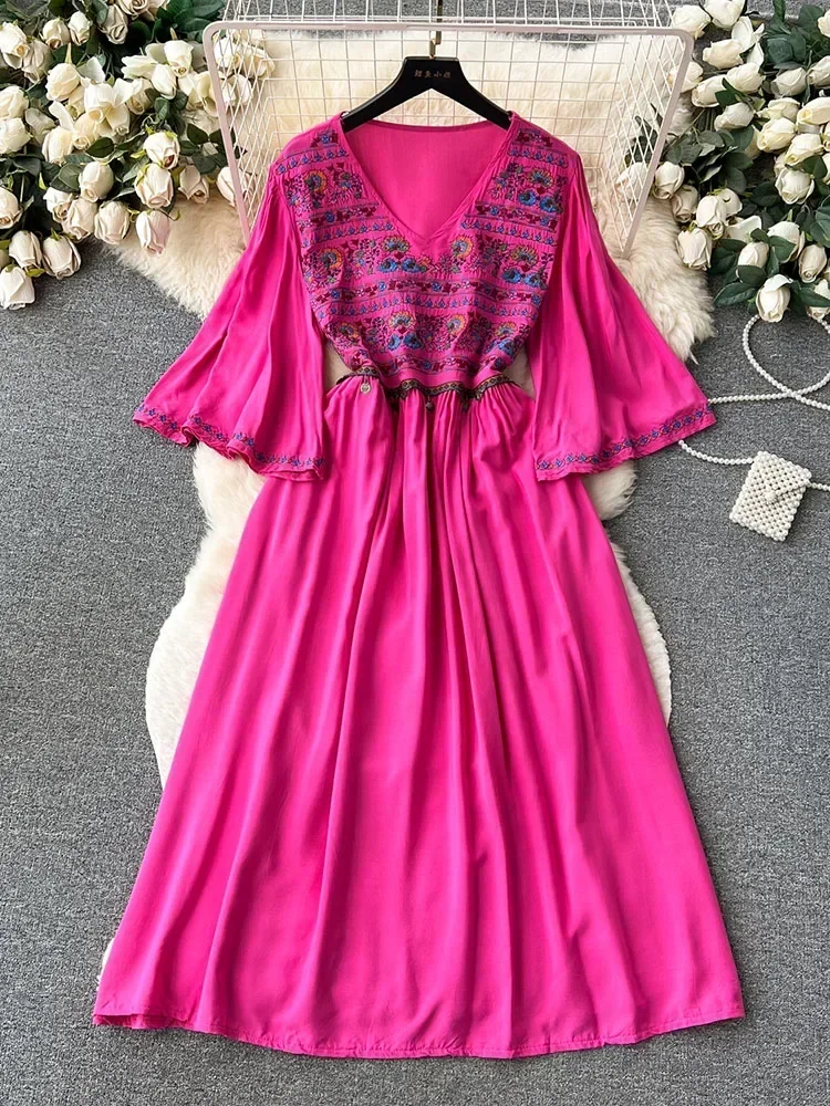 Women Summer Dress New Retro National Style Heavy Industry Embroidery Holiday Thin Temperament Sweet Long Dress D4949 - Image 2