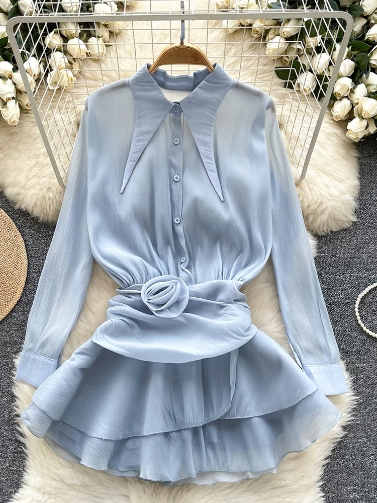 Autumn Women's Pleated Lotus Leaf Hem Patchwork Chiffon Blouse White Black Fashionable Lapel Long Sleeved Shirt Tops S6