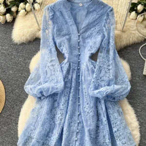Spring Autumn Women's French High-end Dress New Lace Embroidery V-neck Lantern Sleeves Single Breasted Party Birthday Dress S59