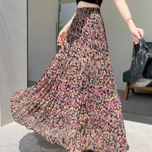 Spring Summer New Korean Retro Contrasting Floral Skirt French Pleated Versatile Vacation Beach Big Swing Long Skirt A273