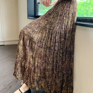 2025 Spring/summer New Korean Retro Contrasting Floral Skirt French Pleated Versatile Large Swing Long Skirt A267