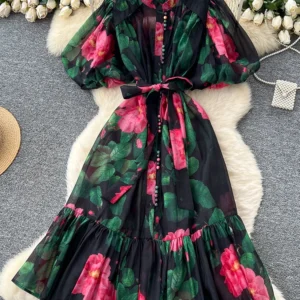 Light Luxury European High-end Printed Bubble Sleeve Dress for Women Summer with Straps Waist Cinching Elegant Party Dress S77