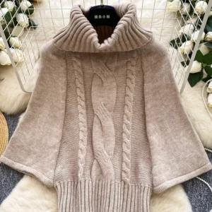 Women's Bat Sweater Autumn Languid Style Turtleneck Fried Dough Twists Cape Sleeve Slim Knit Top Pullover Female Top SW026