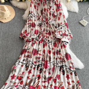 Spring Autumn Retro Print Pleated Long Maxi Dress Femininity Casual Loose Stand-up Collar Puff Sleeve Slim Holiday Dress C240