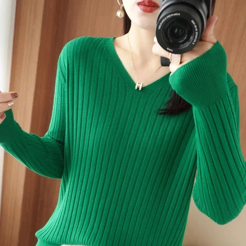 Women Sweater Autumn Winter V-neck Striped Warm Pullovers Korean Long Sleeve Basic Tops Slim Fit Bottoming Shirt Strecth Jumpers - Image 2