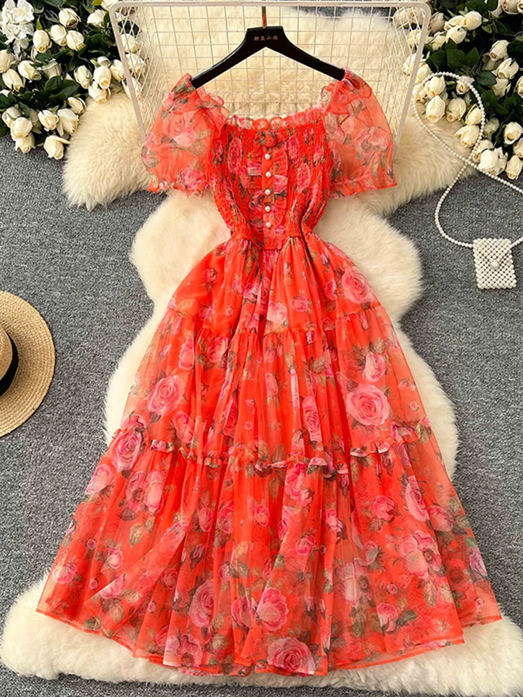 Summer Elegant Slash Neck Short Puff Sleeve Chic Print Slim Chiffon Dresses French High Street Evening Mesh Clothing Female C146