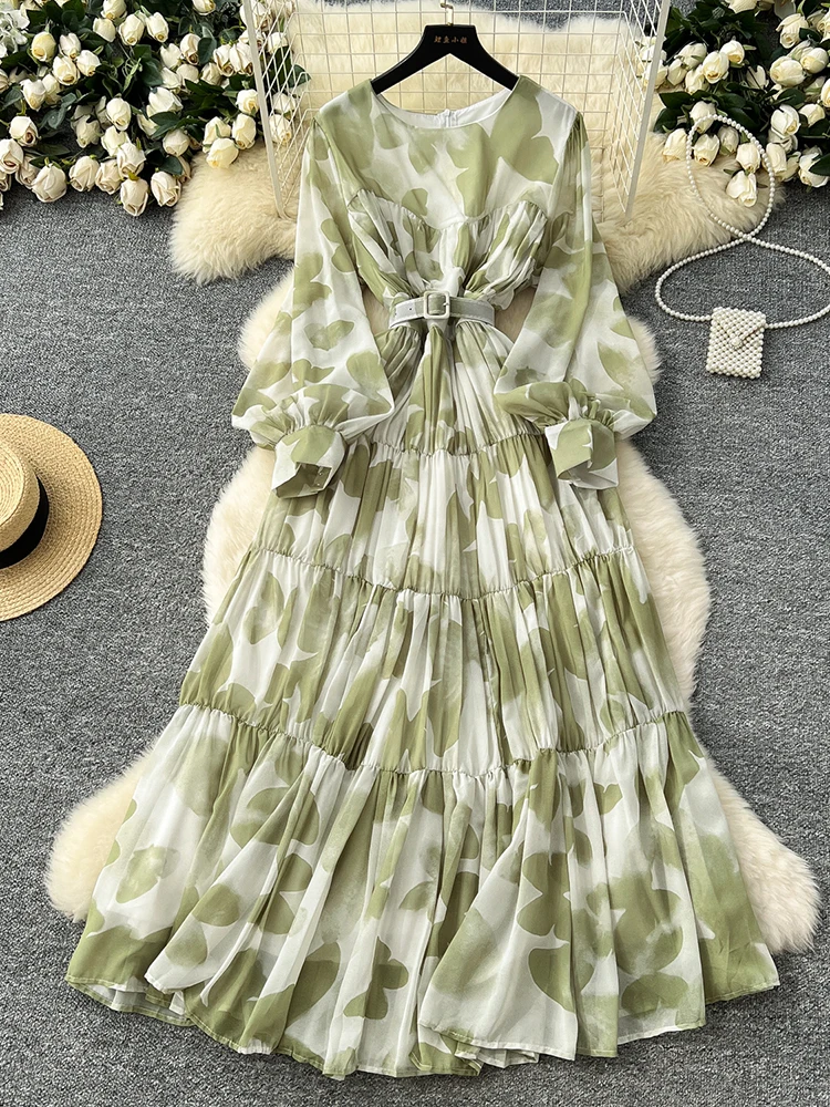 Spring Summer Women's Long Sleeved Printed Large Swing Dress New French Fashion Beach Style Cinched Round Neck Long Dress Y01 - Image 2
