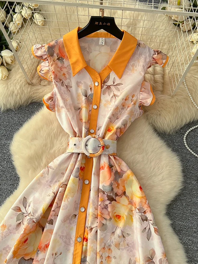 New Fashion Printed Lotus Leaf Sleeves Lapel Single Breasted Waist Cinching Big Swing Dress Elegant Feminine Long Dress A297 - Image 2