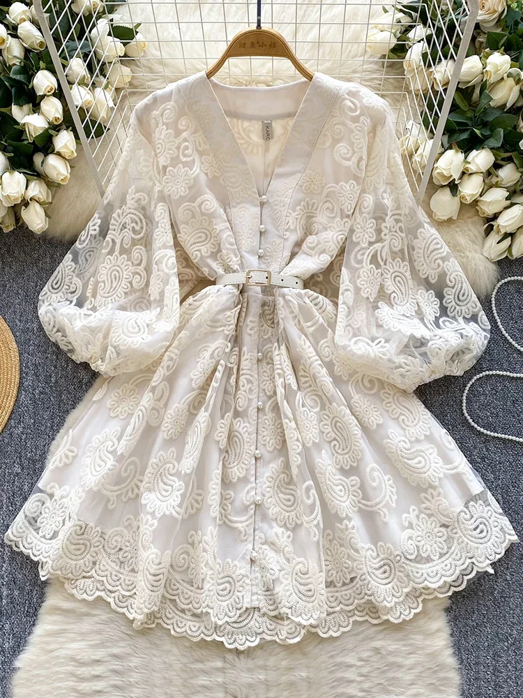 Summer French Sweet V-neck Dress Women's Lantern Sleeves Embroidered Waist Single Breasted A-line Mini Elegant Party Dress C187 - Image 2