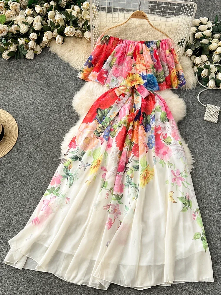 Summer Beach Vacation Dress for Women 2025 New Print Ruffle Edge One Neck Off Shoulder Chiffon Dress A217