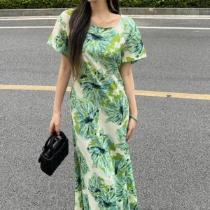 Women Summer Dress Fashion Printing Thin Round Neck Short Sleeved Green Super Fairy Style Simple Bohemian Long Vestidos DS081