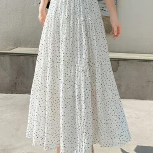 2025 Summer New Floral Pleated Umbrella Skirt for Women High Waisted Retro Polka Dot Printed Patchwork Long Skirt S25