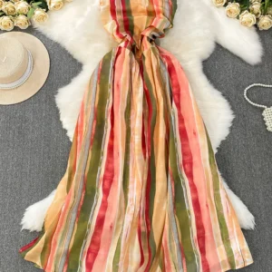 Women‘s Summer Vestidos Retro Style Elegant Temperament One Shoulder Strapless Chic Striped Strap Waist Cinching Dress DS195