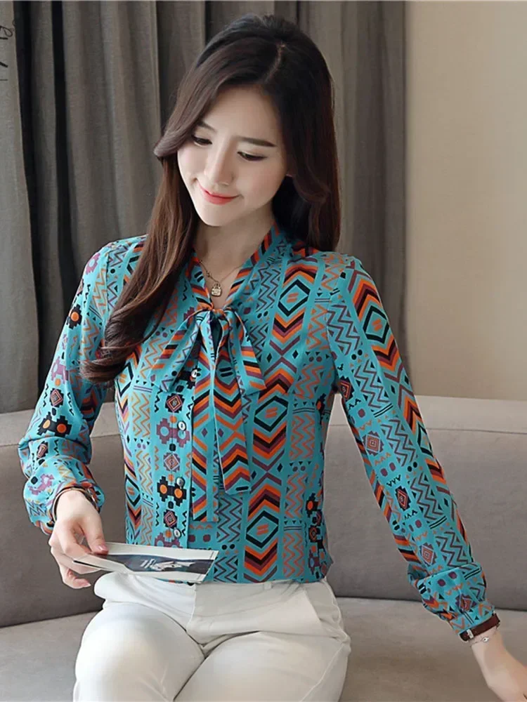 Spring Autumn Women's Blouse New Geometric Pattern Print Bowknot Shirt Korean Style Slim Long Sleeve Female Tops LL318 - Image 5