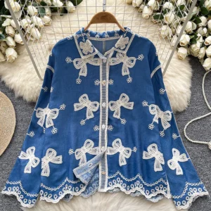 Women Spring Shirt Small Niche Retro Embroidered Single Breasted Casual Top Loose Fashionable Long Sleeved Shirt BL121