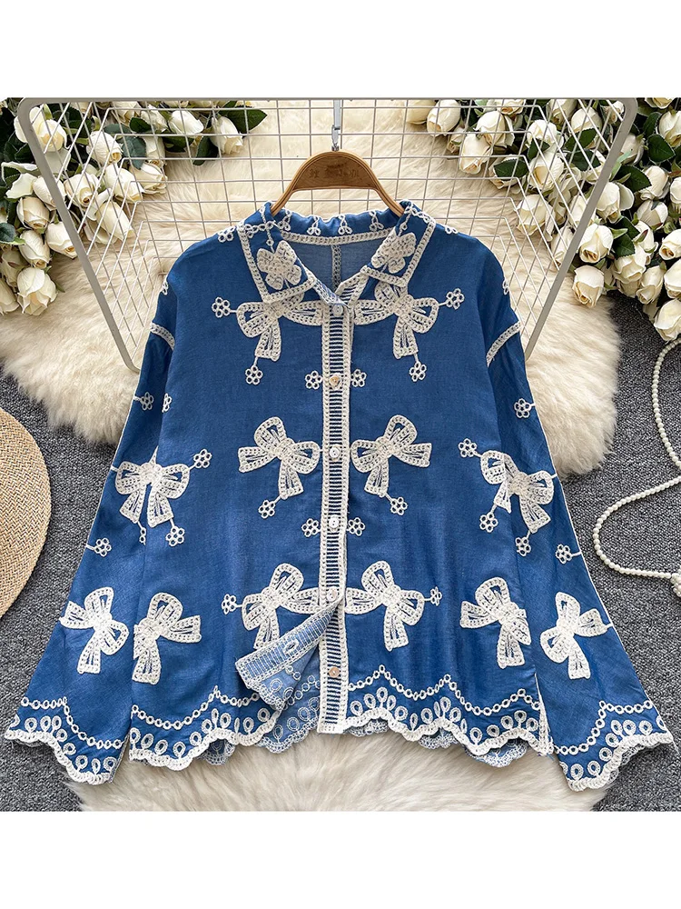 Women Spring Shirt Small Niche Retro Embroidered Single Breasted Casual Top Loose Fashionable Long Sleeved Shirt BL121