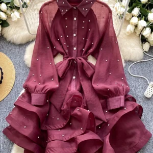 French Diamond Studded Ruffle Edge Dress for Women in Spring Autumn with Straps Long Sleeves Cinching A Fluffy Party Dress C200