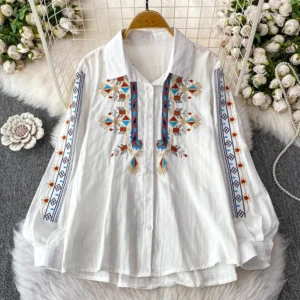 Women's Spring Autumn Shirt Vintage Embroidered Commute Lapel Lantern Sleeve Top Single Breasted Versatile Loose Shirt BL164