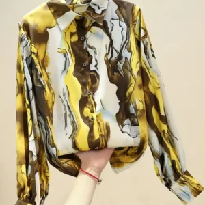 Spring Autumn New Fashion Western Style Loose Wild Abstract Ink Painting Printed Satin Blouse Women Long-sleeved Shirt Top UK348