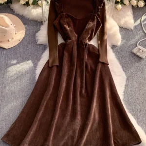 2025 Autumn/Winter Women's New Retro Strap Dress Set Elegant and Sweet Long Sleeve Bottom Shirt Knitted Two Piece Set S115