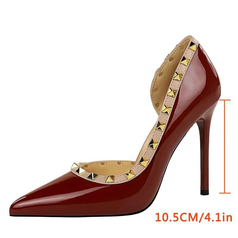 Sexy Women Pumps Rivet Design High Heels Women 10.5 CM Stiletto Patent leather Ladies Pumps Luxury banquet shoes Plus Size 43 - Image 2