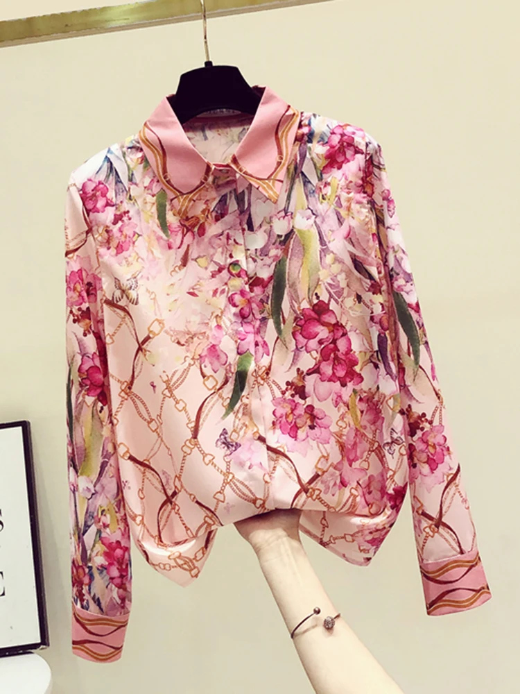 Spring Autumn Women's Office Lady Long Sleeved Shirt Top New French Retro Printed Contrast Fashion Printed Shirt H11