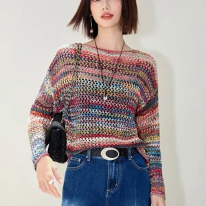 Women Rainbow Sweater Hollowed Autumn Winter Pullover Knitted O-neck Button Long Sleeve Soft Top Female SW018