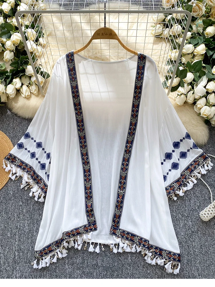 Summer Women's Shirt Bohemian Holiday Style Embroidered Tassel Chiffon Cardigan New Waist Female Loose Casual Sunscreen Tops D65
