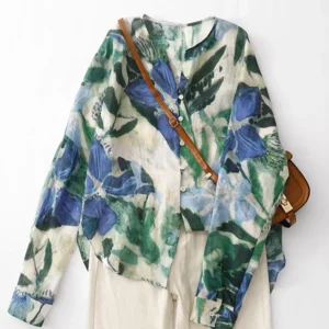 Cotton Linen Printed Long Sleeved Shirt for Women in Spring Autumn 2025 New Loose Casual V-neck Sunscreen Blouse Top Female C102