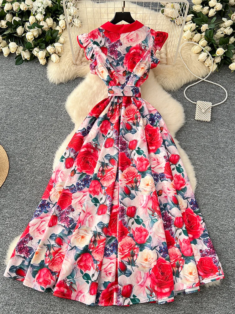 New Fashion Printed Lotus Leaf Sleeves Lapel Single Breasted Waist Cinching Big Swing Dress Elegant Feminine Long Dress A297 - Image 4