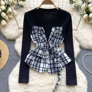 Women Autumn Blouse French Retro Contrasting Color Patchwork Fake Two Piece Shirt with A New Lace Up Waist Design Feel Top D5294