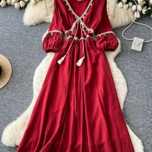 Summer Women's Ethnic Style Woven Tassel V-neck Short Sleeved Dress, New Beach Vacation Red Waist Cinching Swinging Dress D41