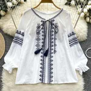 Women's Spring Autumn Shirt New Retro Bohemian Embroidered Lace Up Lantern Long Sleeves Blouse Top A161