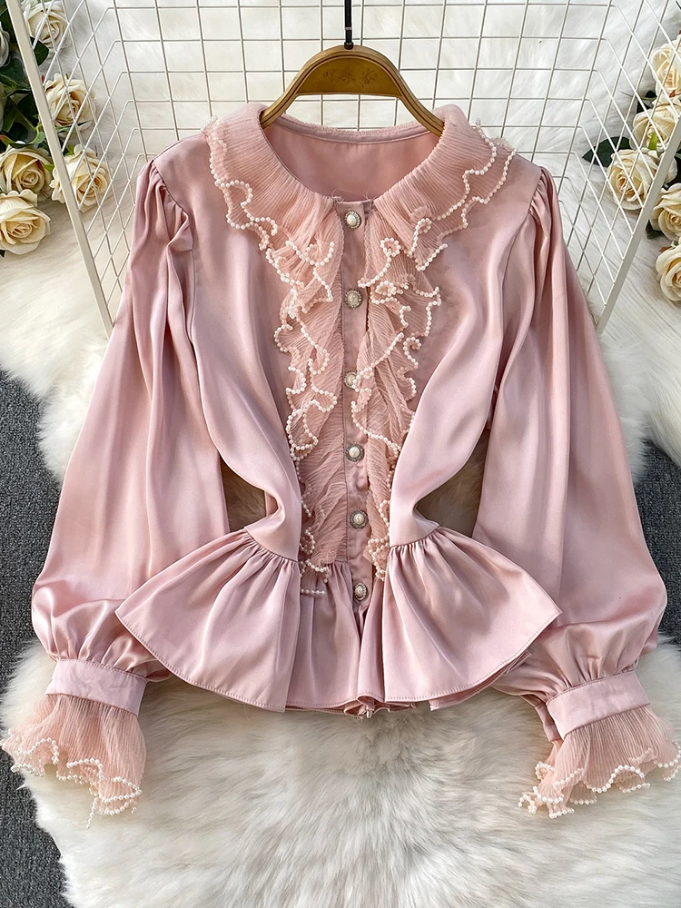 Women Blouse French Palace Heavy Industry Mesh Splicing Beading Ruffles Collar Trumpet Sleeve Shirt Retro Satin Top Female BL232